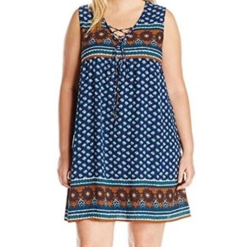 Moon River Lace Up V-Neck Mini Shift Dress Size L Floral Sleeveless Lined